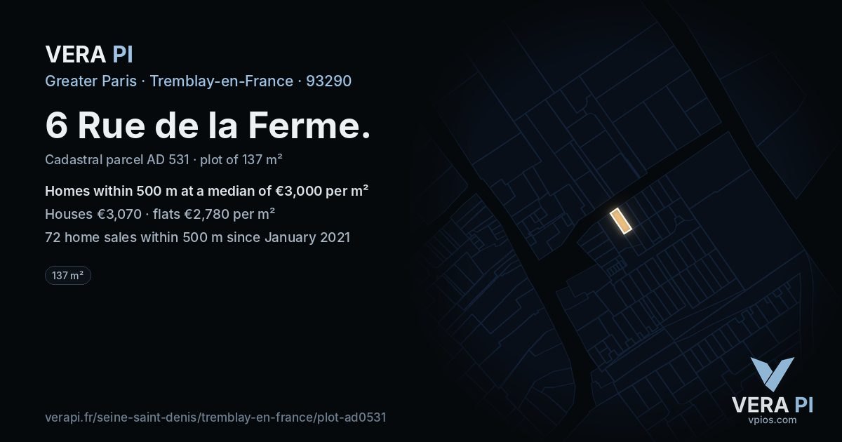6 Rue de la Ferme, Tremblay-en-France at night – the plot lit, the parcels around coloured by the prices near them