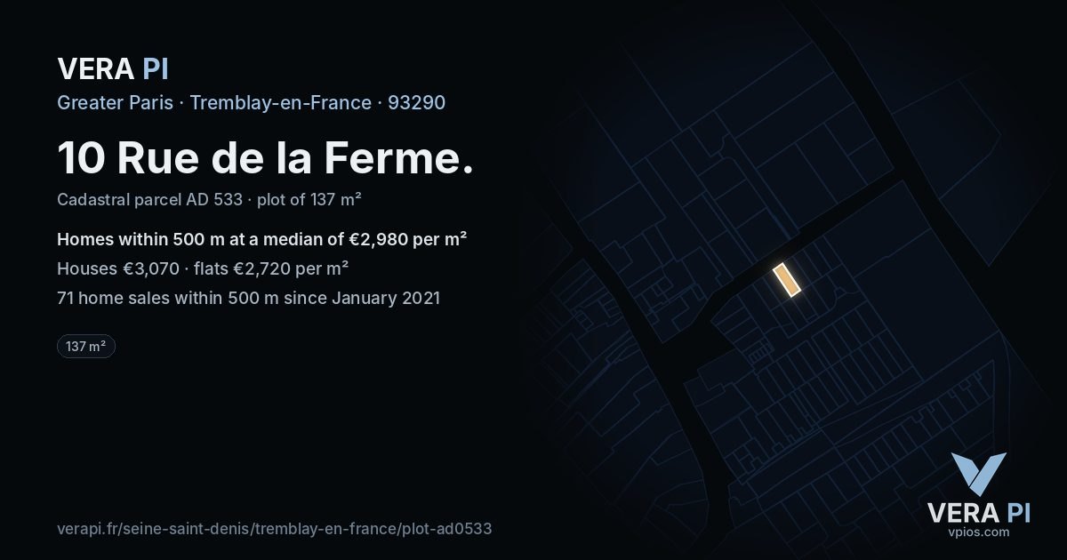 10 Rue de la Ferme, Tremblay-en-France at night – the plot lit, the parcels around coloured by the prices near them