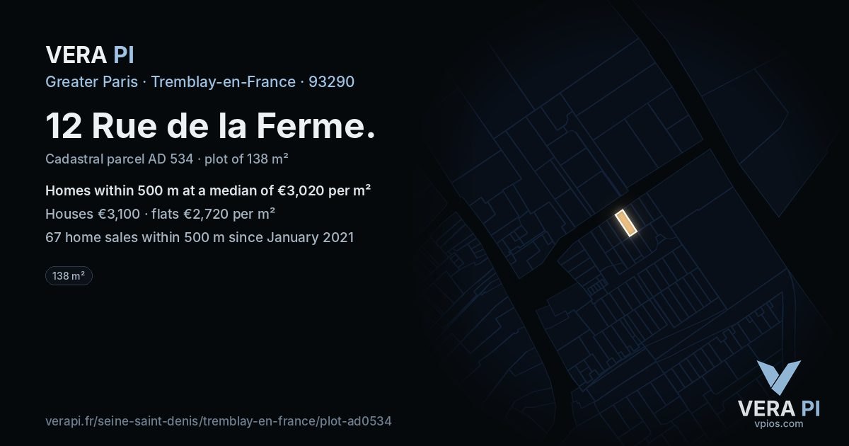 12 Rue de la Ferme, Tremblay-en-France at night – the plot lit, the parcels around coloured by the prices near them