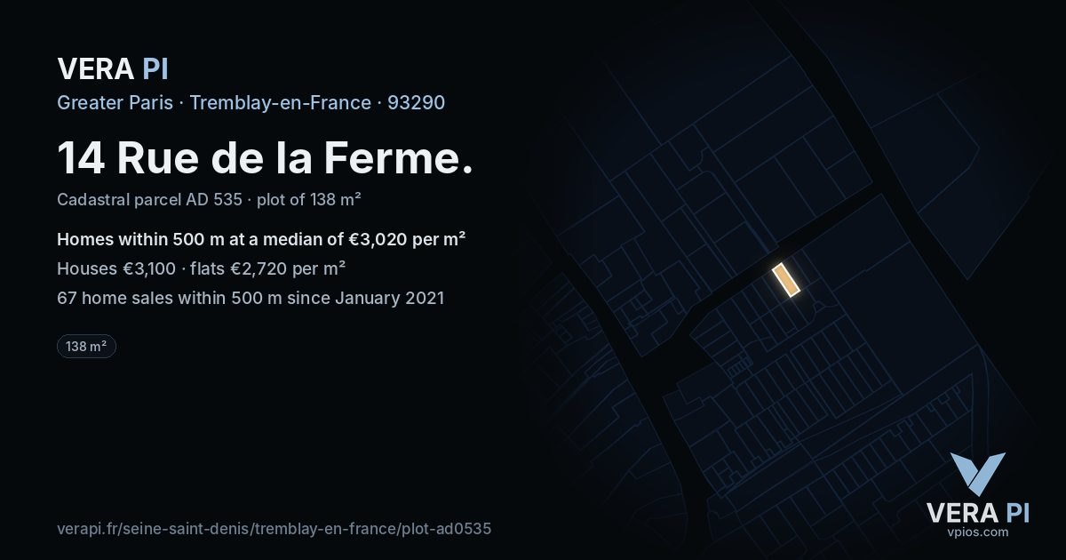 14 Rue de la Ferme, Tremblay-en-France at night – the plot lit, the parcels around coloured by the prices near them