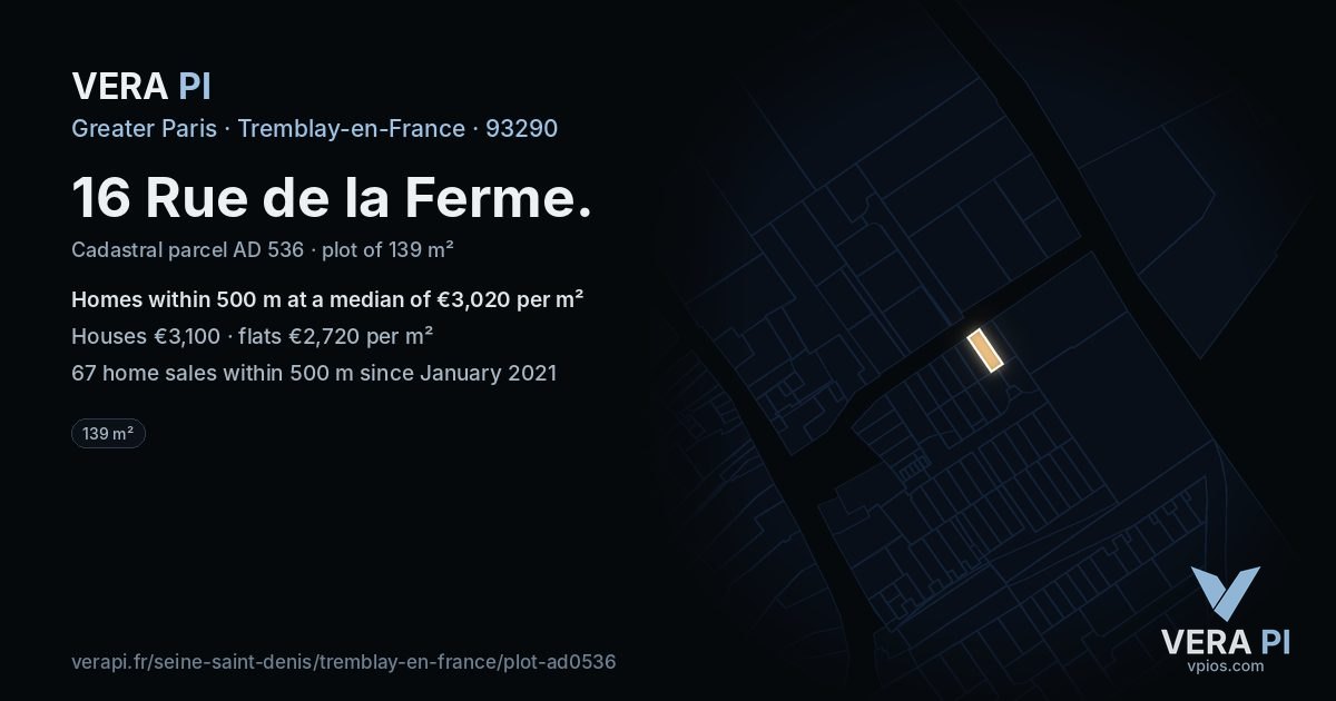 16 Rue de la Ferme, Tremblay-en-France at night – the plot lit, the parcels around coloured by the prices near them