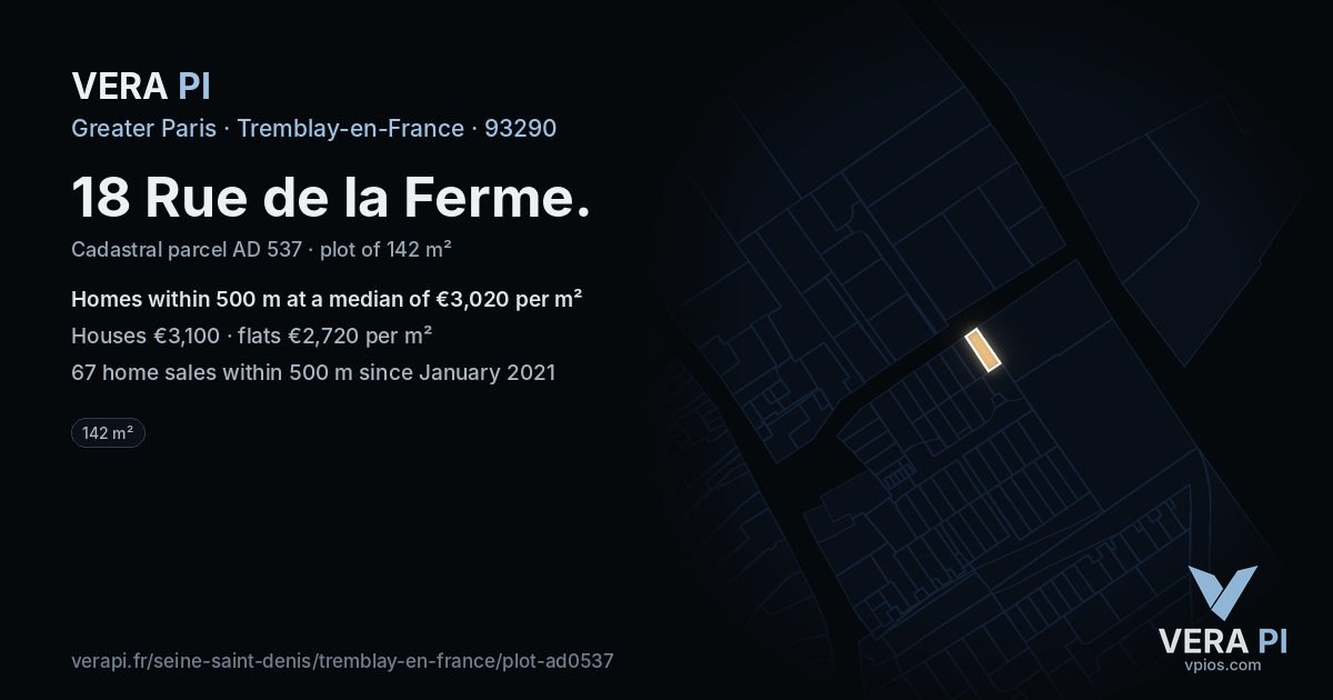 18 Rue de la Ferme, Tremblay-en-France at night – the plot lit, the parcels around coloured by the prices near them