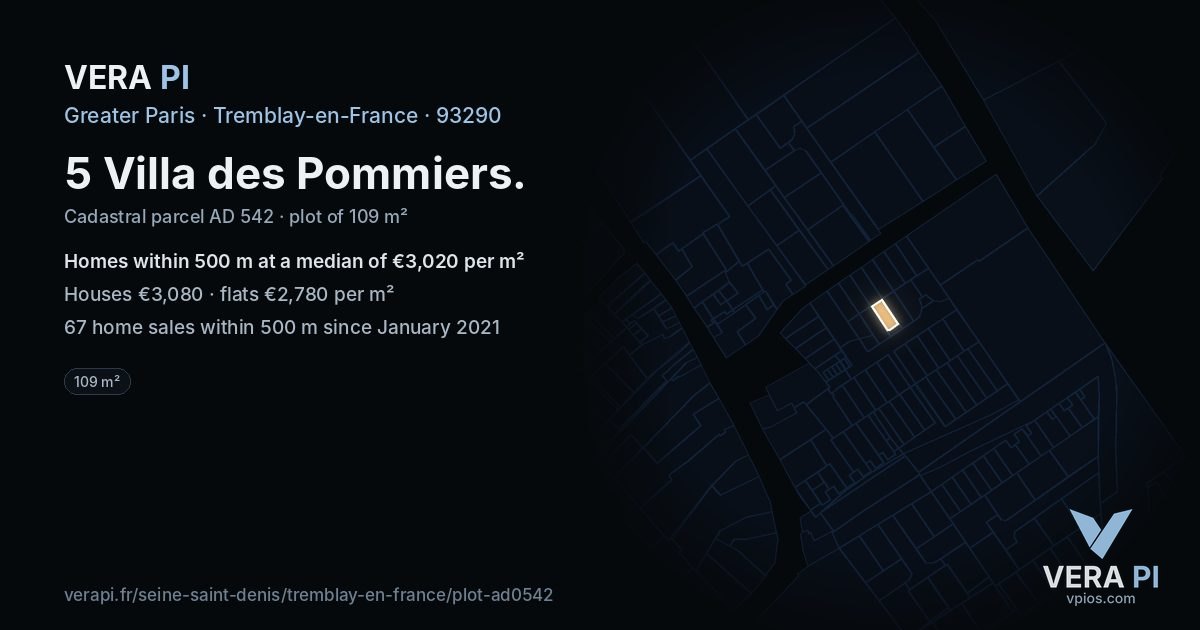 5 Villa des Pommiers, Tremblay-en-France at night – the plot lit, the parcels around coloured by the prices near them