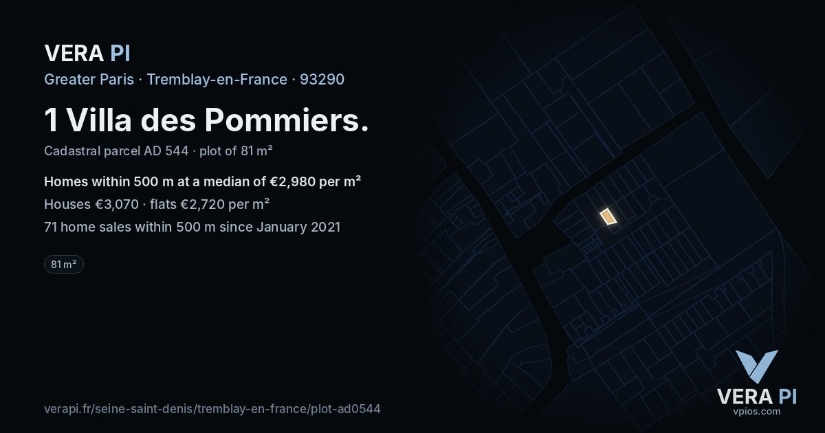 1 Villa des Pommiers, Tremblay-en-France at night – the plot lit, the parcels around coloured by the prices near them
