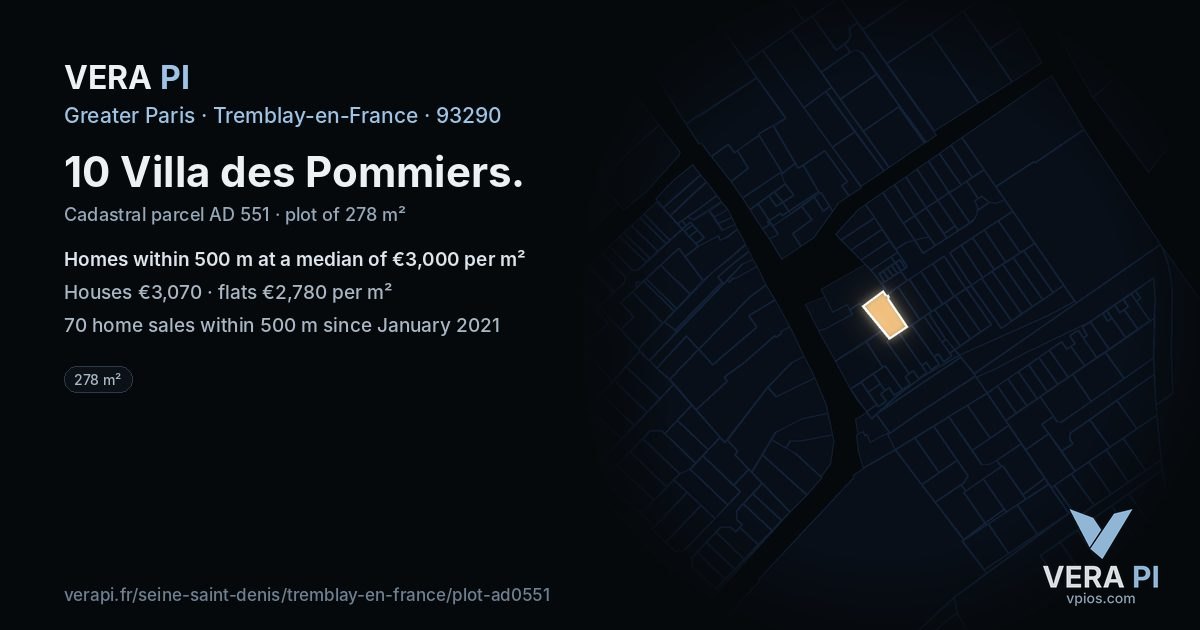 10 Villa des Pommiers, Tremblay-en-France at night – the plot lit, the parcels around coloured by the prices near them