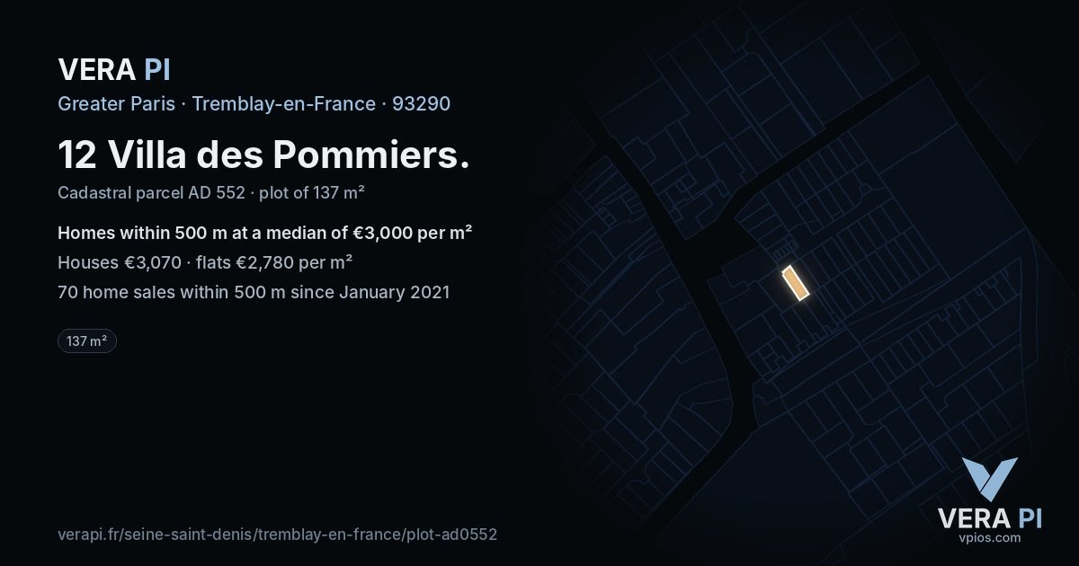 12 Villa des Pommiers, Tremblay-en-France at night – the plot lit, the parcels around coloured by the prices near them