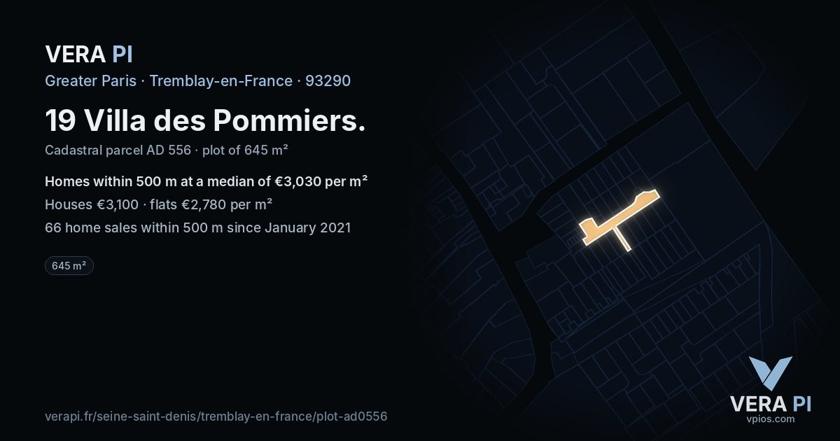 19 Villa des Pommiers, Tremblay-en-France at night – the plot lit, the parcels around coloured by the prices near them