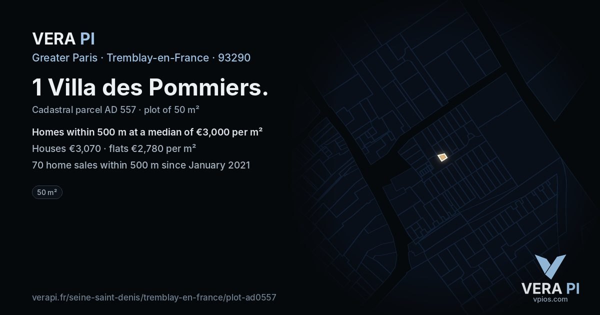 1 Villa des Pommiers, Tremblay-en-France at night – the plot lit, the parcels around coloured by the prices near them