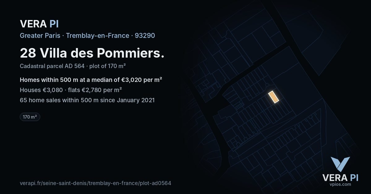 28 Villa des Pommiers, Tremblay-en-France at night – the plot lit, the parcels around coloured by the prices near them
