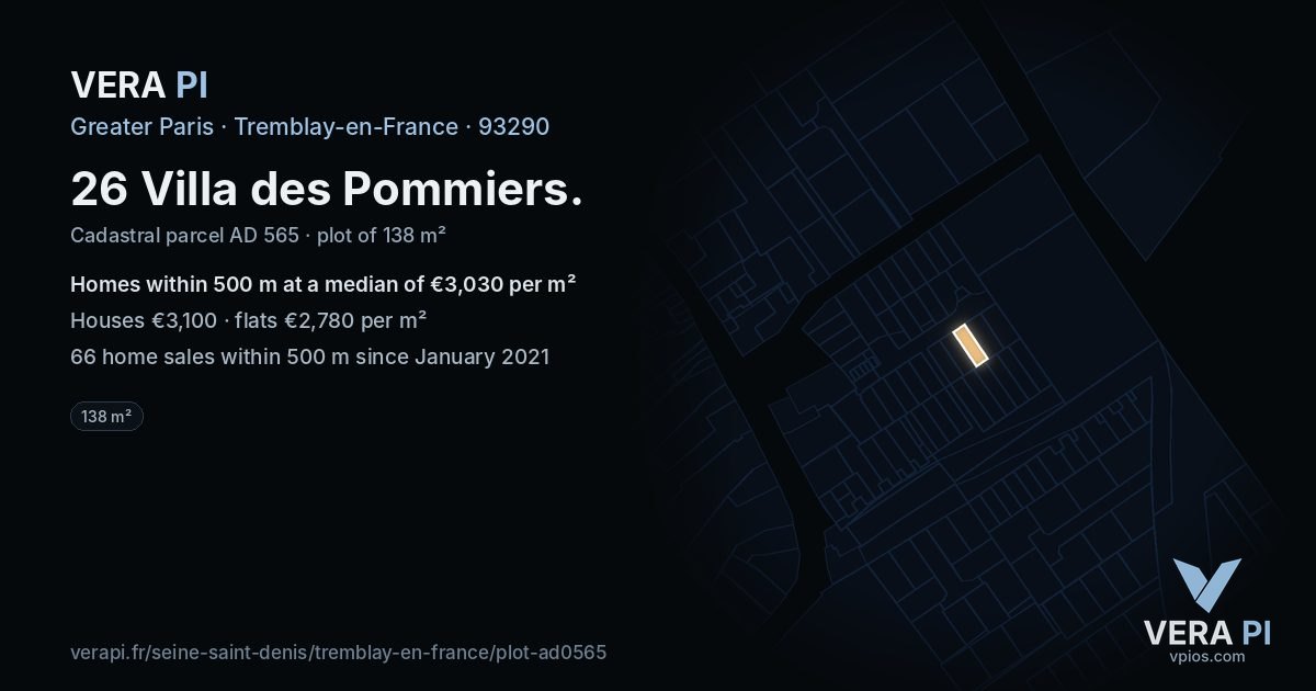 26 Villa des Pommiers, Tremblay-en-France at night – the plot lit, the parcels around coloured by the prices near them