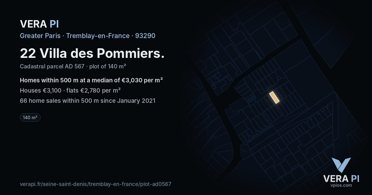 22 Villa des Pommiers, Tremblay-en-France at night – the plot lit, the parcels around coloured by the prices near them
