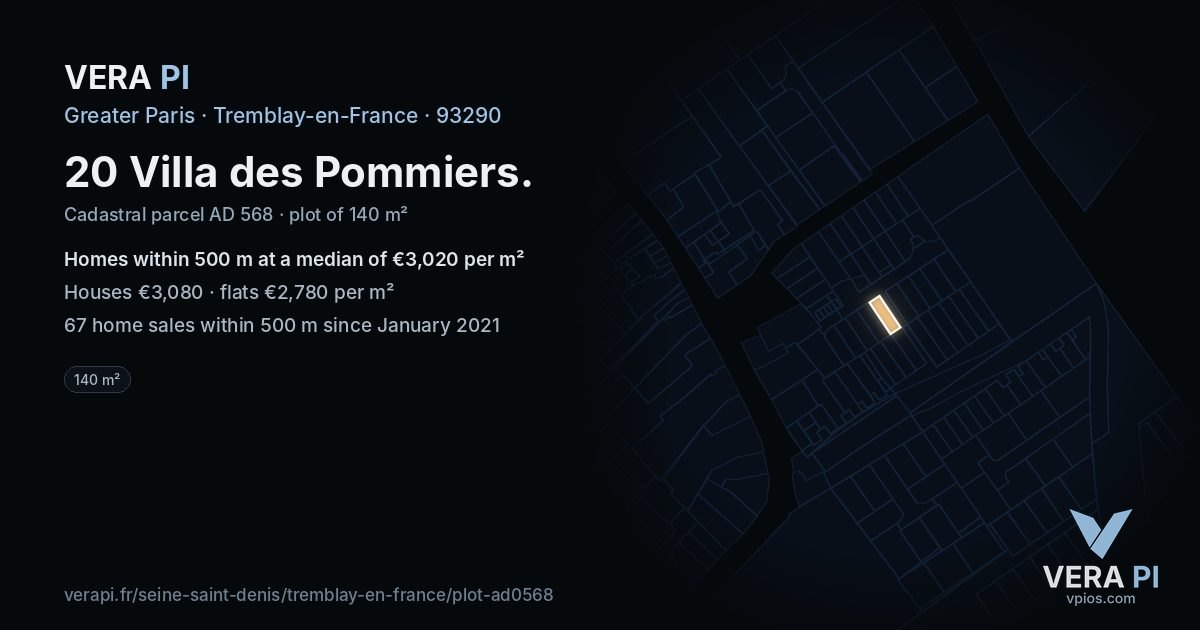 20 Villa des Pommiers, Tremblay-en-France at night – the plot lit, the parcels around coloured by the prices near them
