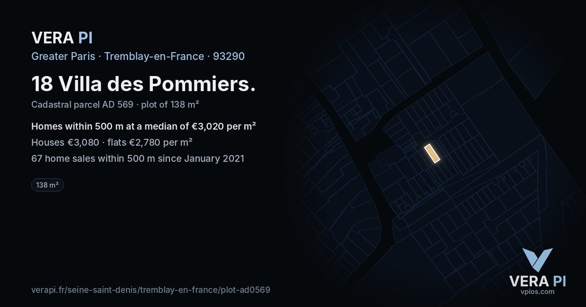 18 Villa des Pommiers, Tremblay-en-France at night – the plot lit, the parcels around coloured by the prices near them