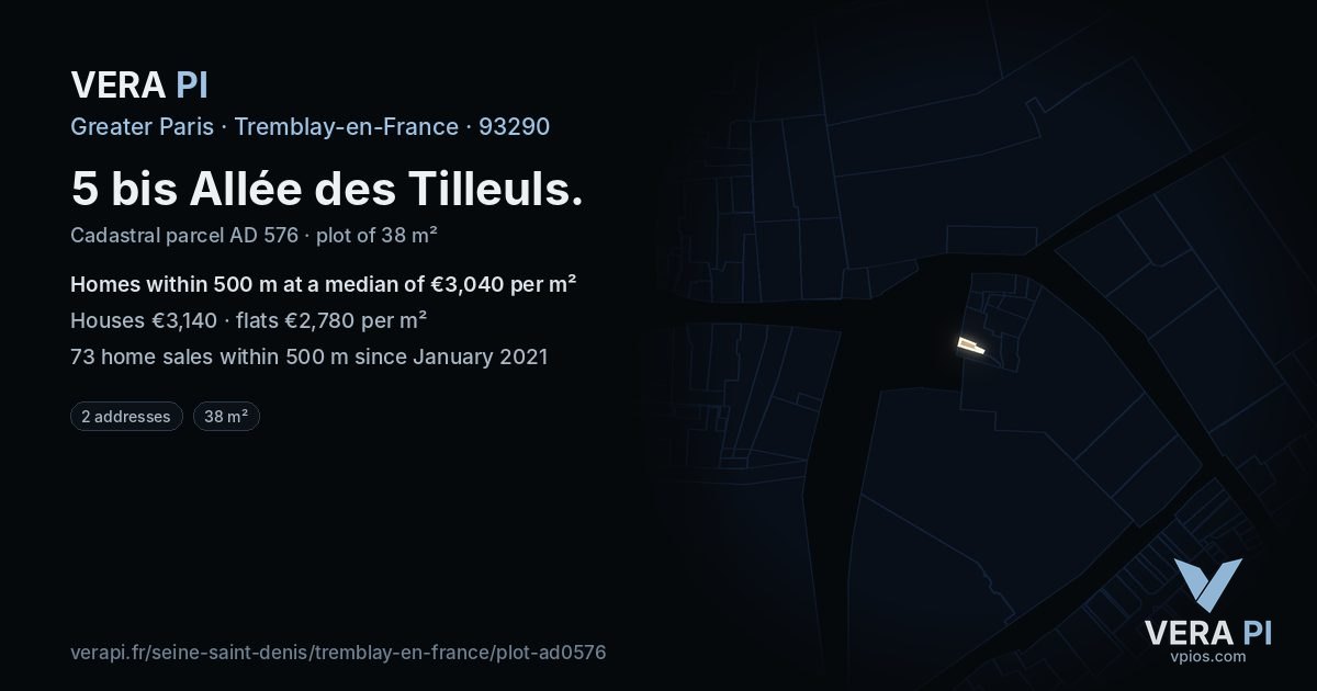 5 bis Allée des Tilleuls, Tremblay-en-France at night – the plot lit, the parcels around coloured by the prices near them
