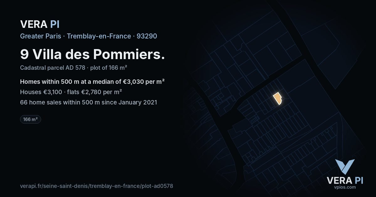 9 Villa des Pommiers, Tremblay-en-France at night – the plot lit, the parcels around coloured by the prices near them