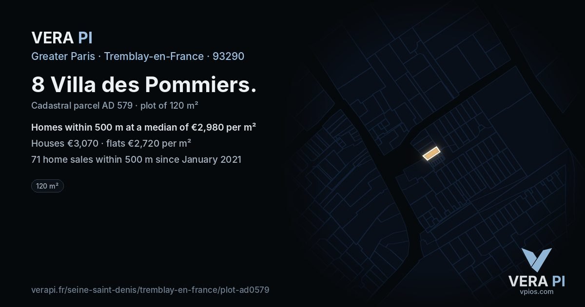 8 Villa des Pommiers, Tremblay-en-France at night – the plot lit, the parcels around coloured by the prices near them