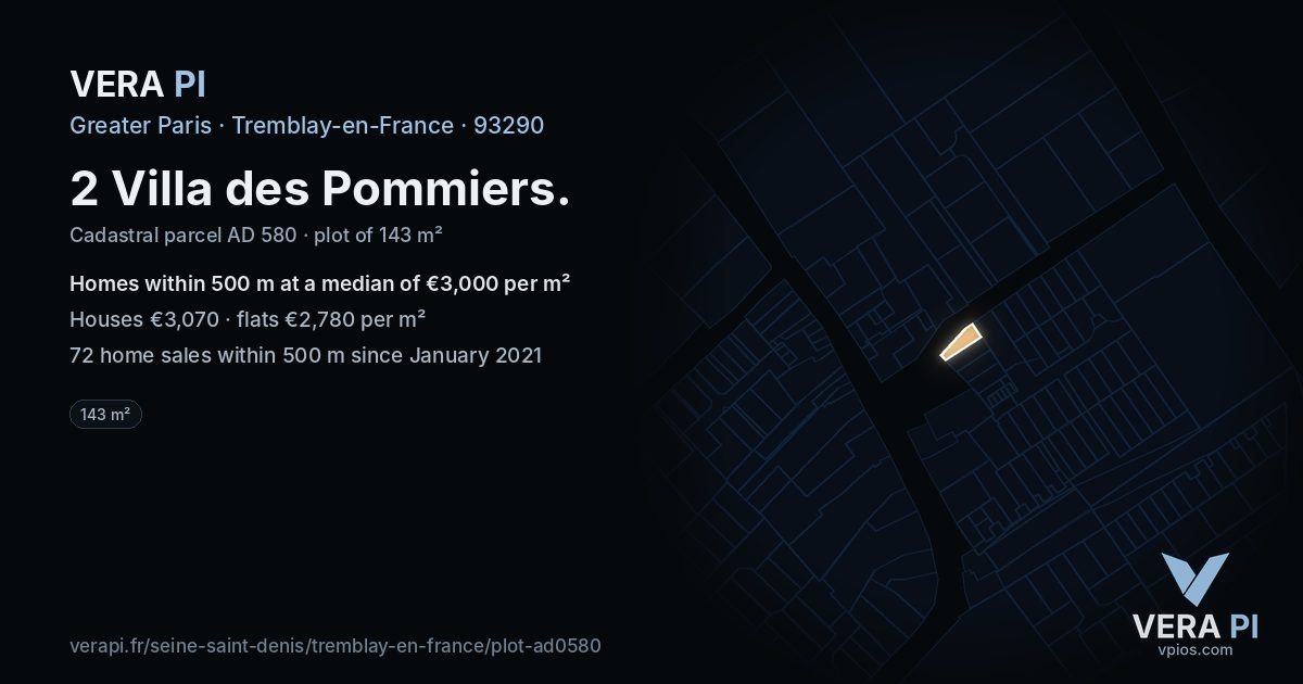 2 Villa des Pommiers, Tremblay-en-France at night – the plot lit, the parcels around coloured by the prices near them