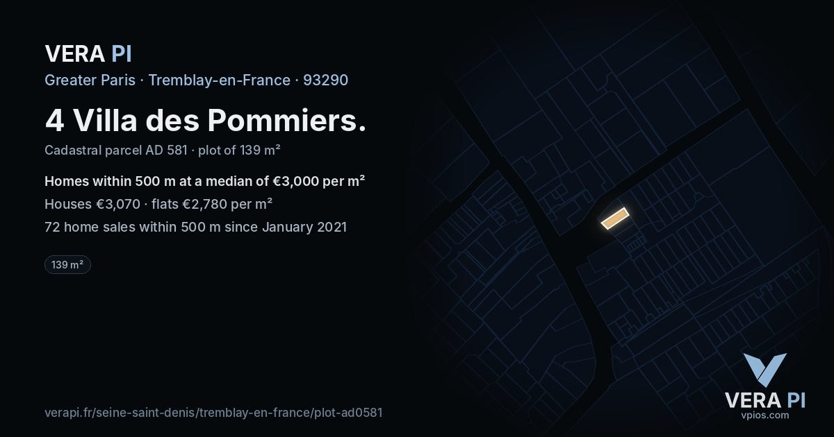 4 Villa des Pommiers, Tremblay-en-France at night – the plot lit, the parcels around coloured by the prices near them