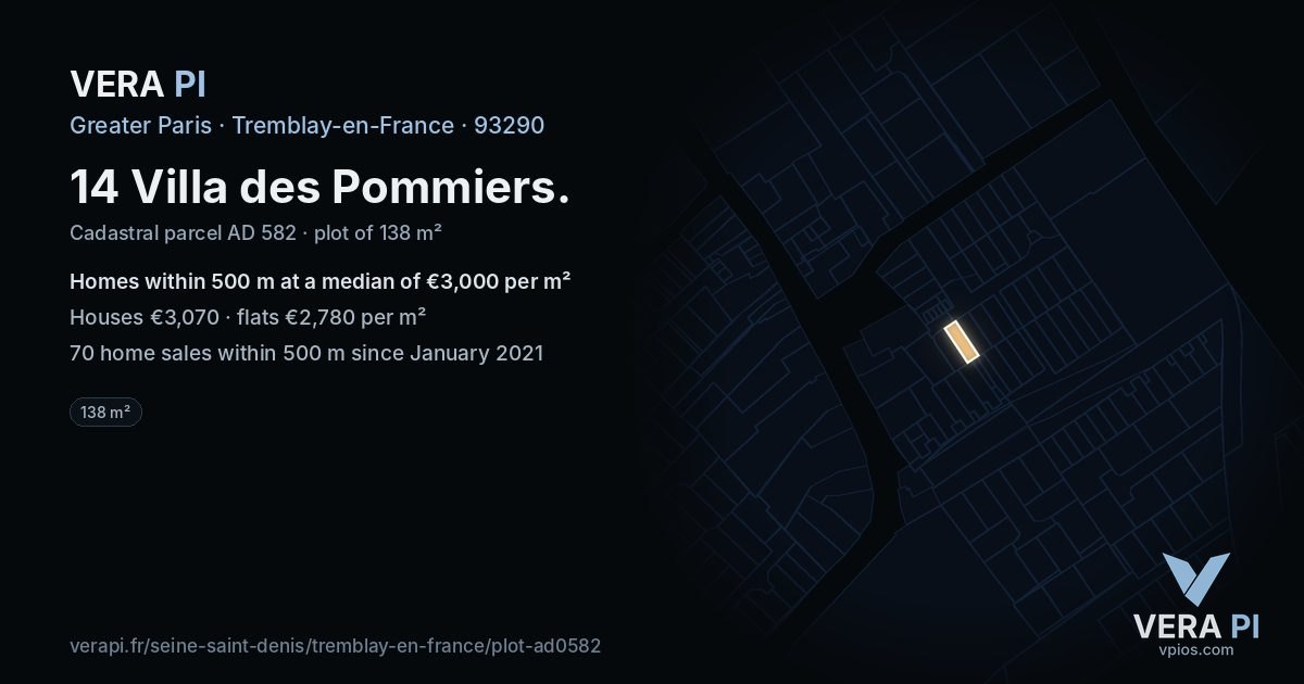 14 Villa des Pommiers, Tremblay-en-France at night – the plot lit, the parcels around coloured by the prices near them