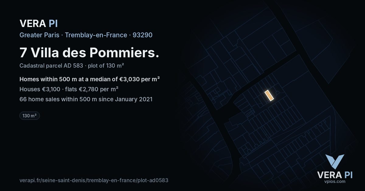 7 Villa des Pommiers, Tremblay-en-France at night – the plot lit, the parcels around coloured by the prices near them