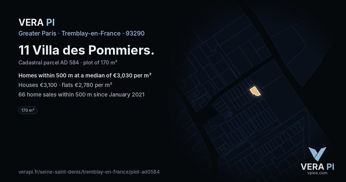 11 Villa des Pommiers, Tremblay-en-France at night – the plot lit, the parcels around coloured by the prices near them