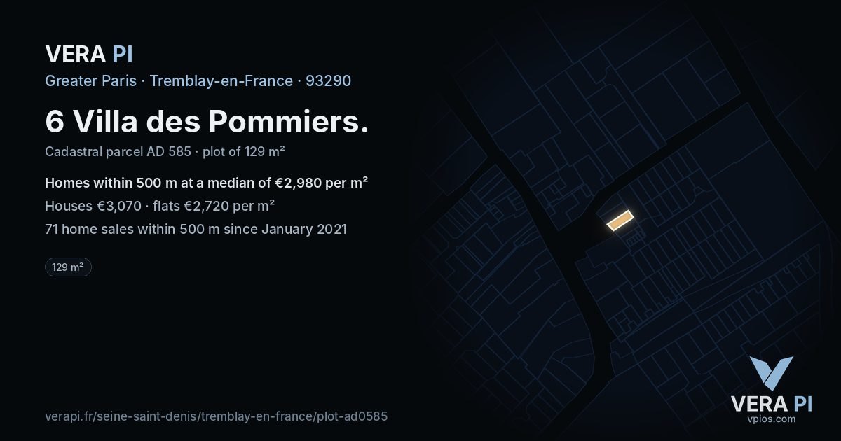 6 Villa des Pommiers, Tremblay-en-France at night – the plot lit, the parcels around coloured by the prices near them