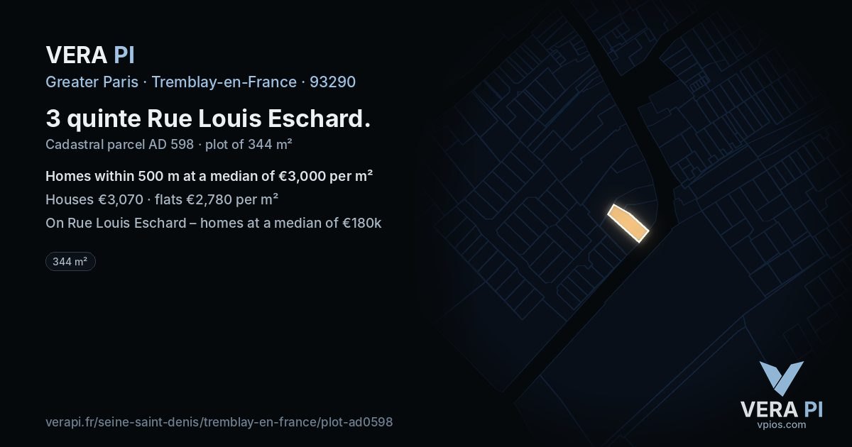 3 quinte Rue Louis Eschard, Tremblay-en-France at night – the plot lit, the parcels around coloured by the prices near them