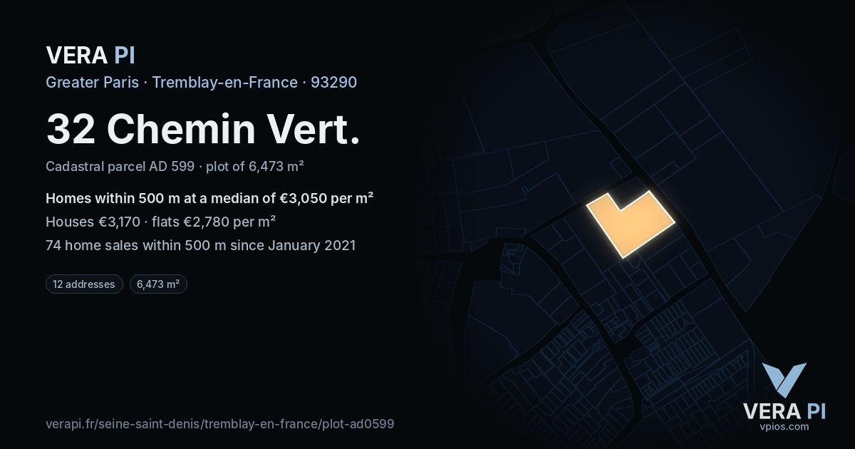 32 Chemin Vert, Tremblay-en-France at night – the plot lit, the parcels around coloured by the prices near them