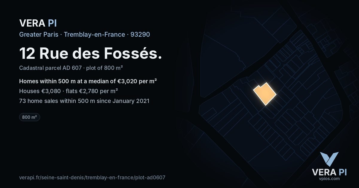 12 Rue des Fossés, Tremblay-en-France at night – the plot lit, the parcels around coloured by the prices near them