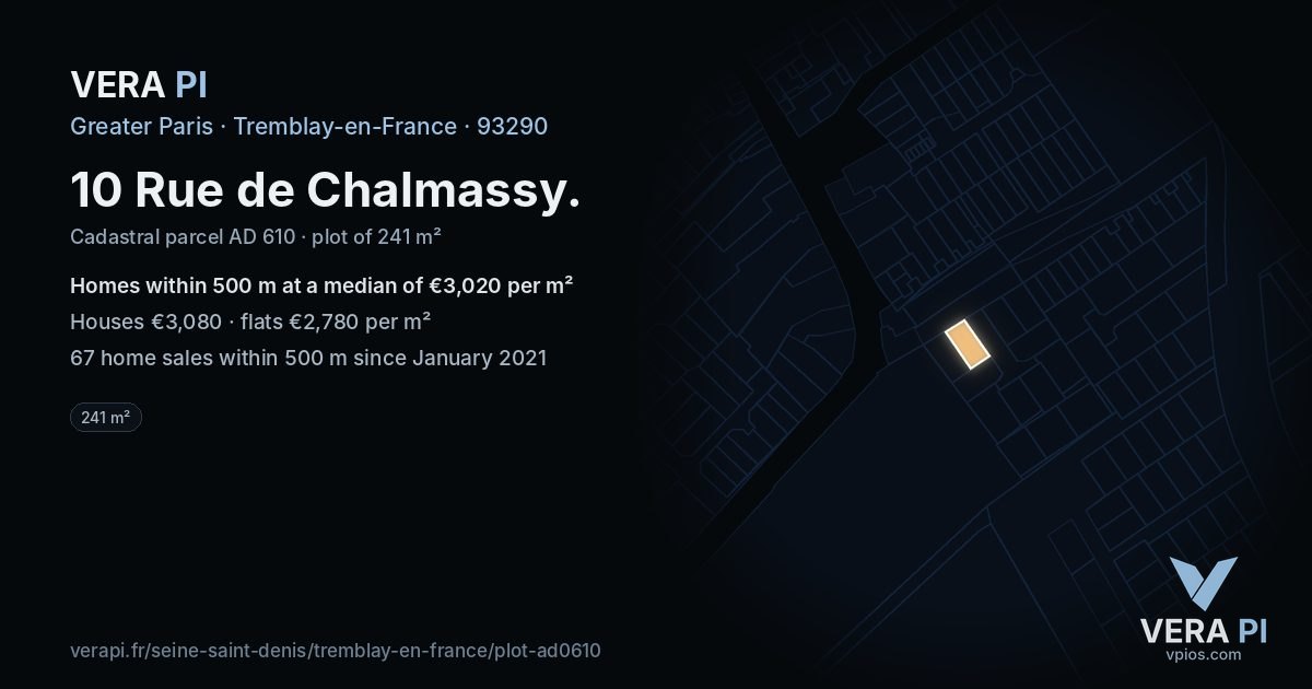 10 Rue de Chalmassy, Tremblay-en-France at night – the plot lit, the parcels around coloured by the prices near them