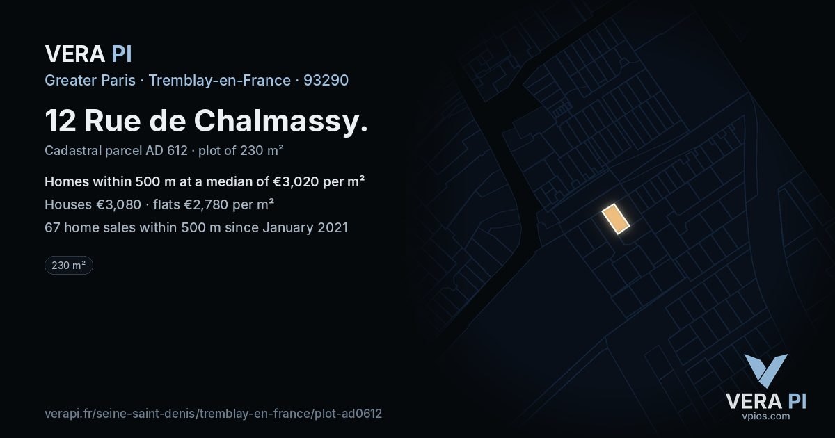 12 Rue de Chalmassy, Tremblay-en-France at night – the plot lit, the parcels around coloured by the prices near them