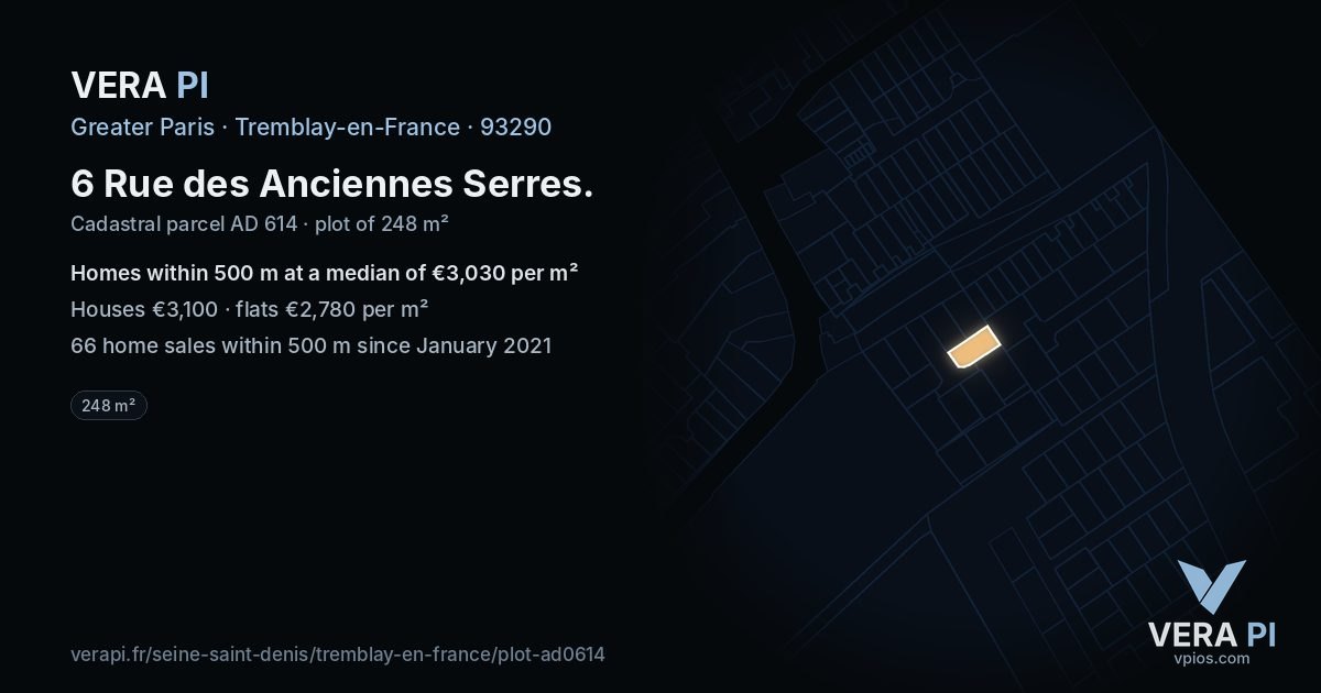 6 Rue des Anciennes Serres, Tremblay-en-France at night – the plot lit, the parcels around coloured by the prices near them