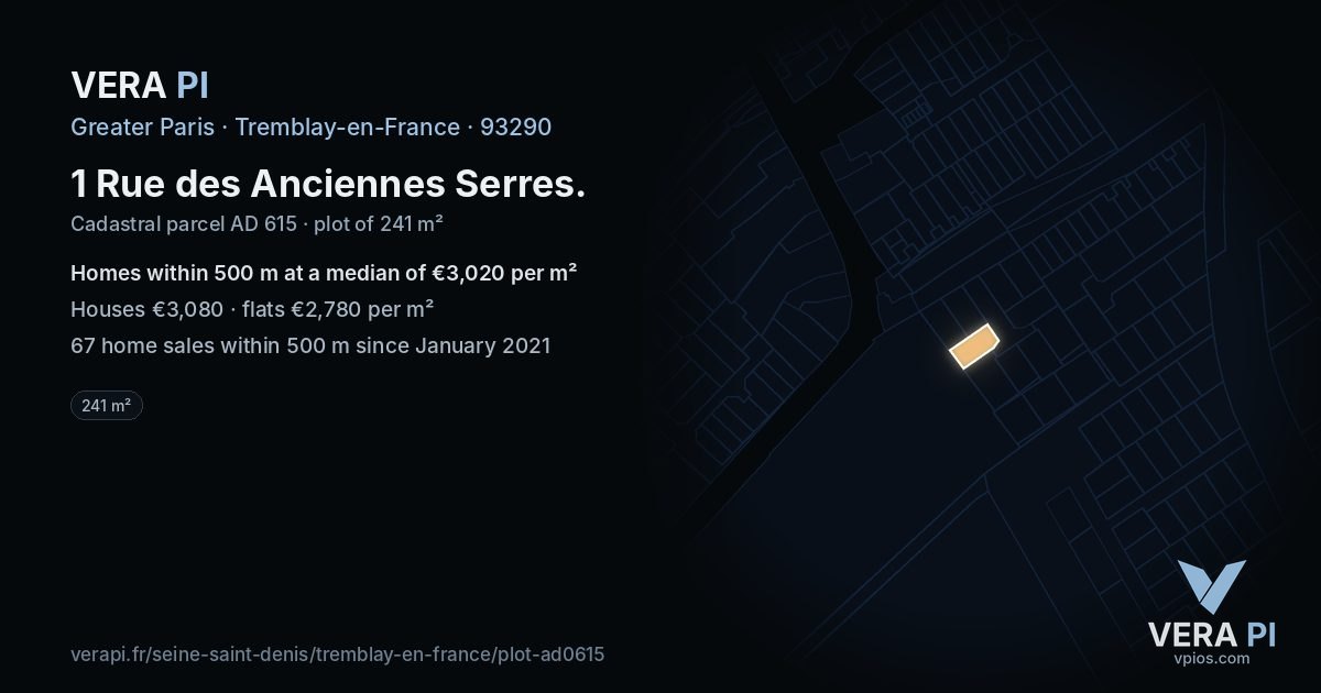 1 Rue des Anciennes Serres, Tremblay-en-France at night – the plot lit, the parcels around coloured by the prices near them