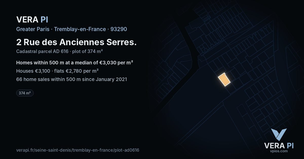 2 Rue des Anciennes Serres, Tremblay-en-France at night – the plot lit, the parcels around coloured by the prices near them