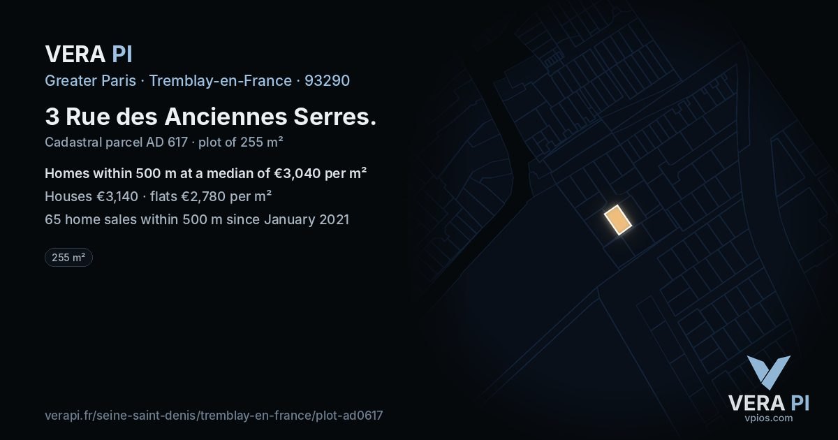 3 Rue des Anciennes Serres, Tremblay-en-France at night – the plot lit, the parcels around coloured by the prices near them