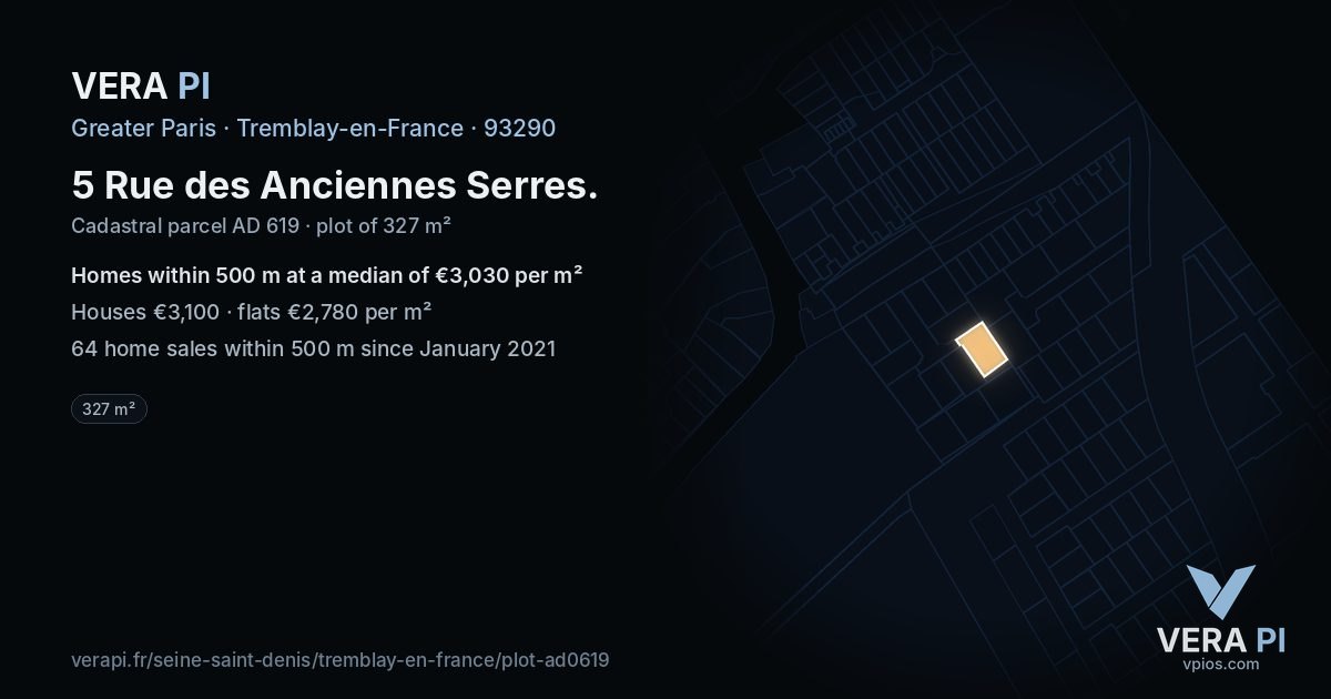 5 Rue des Anciennes Serres, Tremblay-en-France at night – the plot lit, the parcels around coloured by the prices near them
