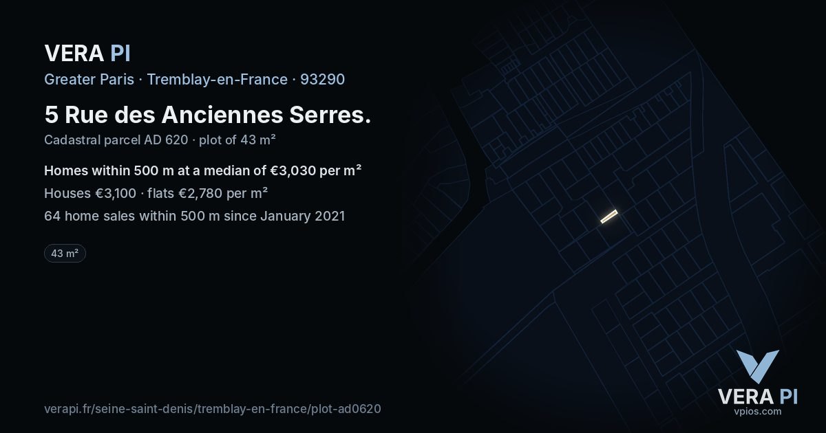 5 Rue des Anciennes Serres, Tremblay-en-France at night – the plot lit, the parcels around coloured by the prices near them