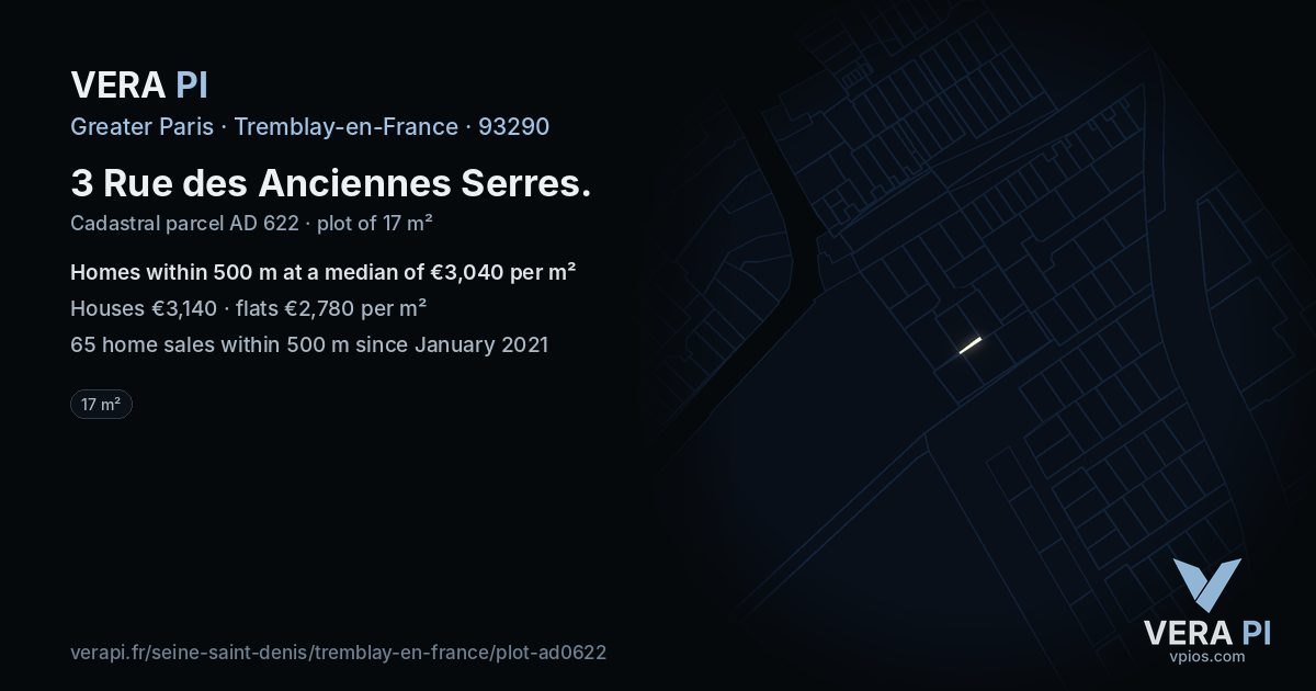3 Rue des Anciennes Serres, Tremblay-en-France at night – the plot lit, the parcels around coloured by the prices near them