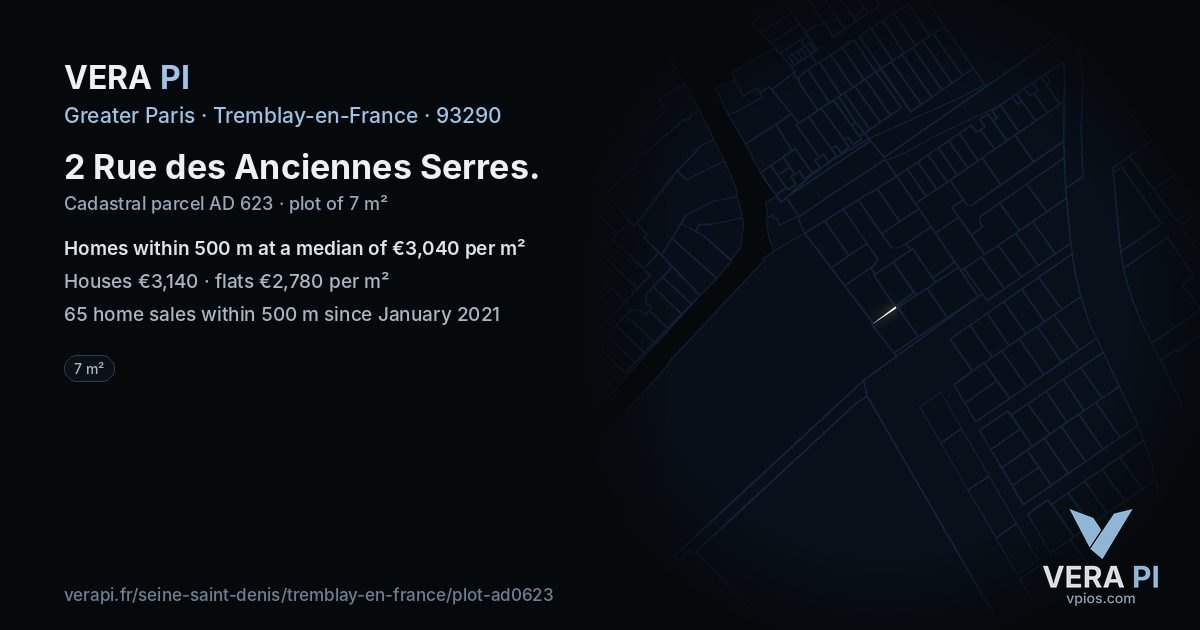 2 Rue des Anciennes Serres, Tremblay-en-France at night – the plot lit, the parcels around coloured by the prices near them