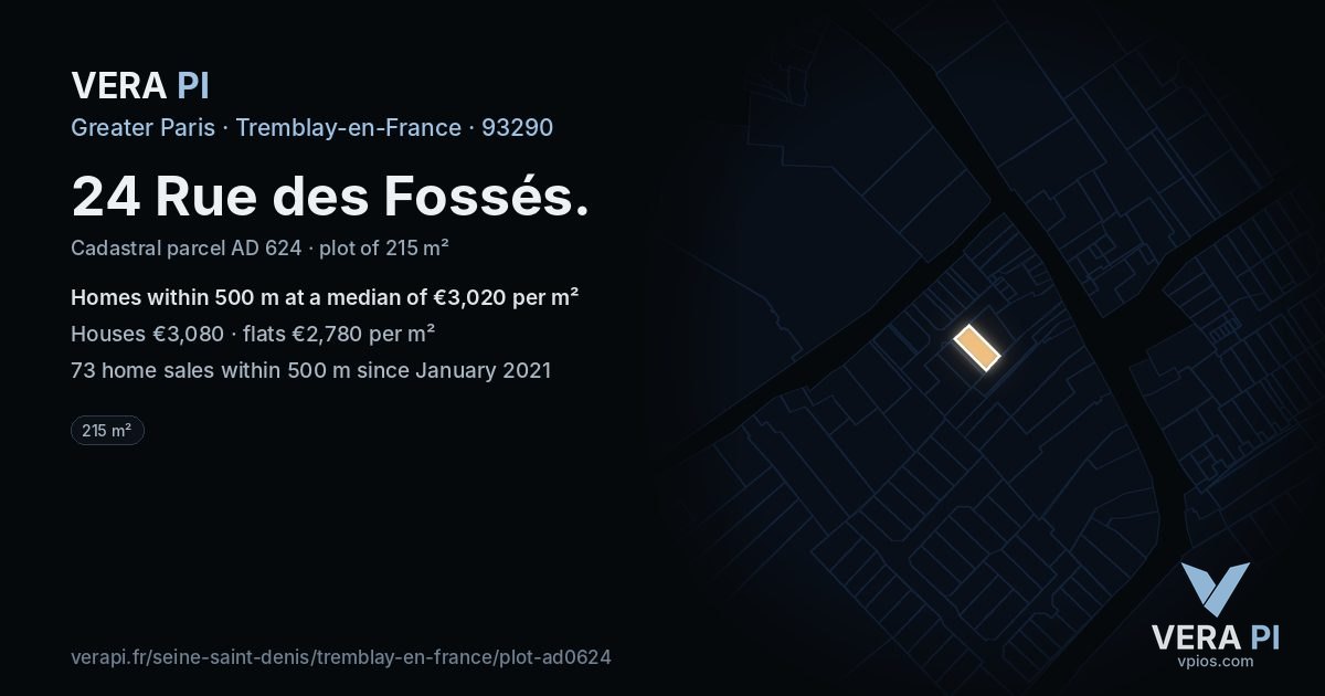 24 Rue des Fossés, Tremblay-en-France at night – the plot lit, the parcels around coloured by the prices near them