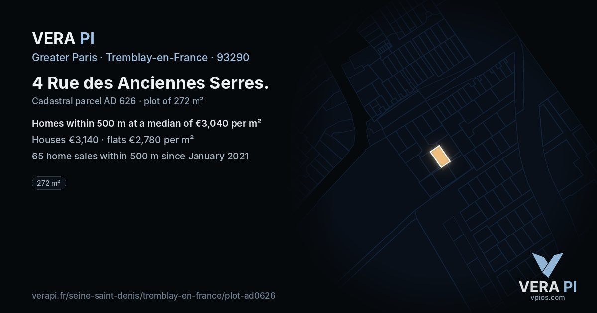 4 Rue des Anciennes Serres, Tremblay-en-France at night – the plot lit, the parcels around coloured by the prices near them