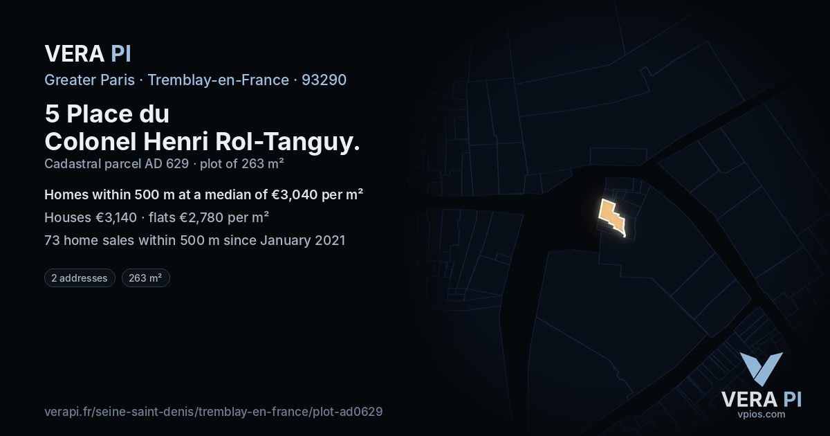 5 Place du Colonel Henri Rol-Tanguy, Tremblay-en-France at night – the plot lit, the parcels around coloured by the prices near them