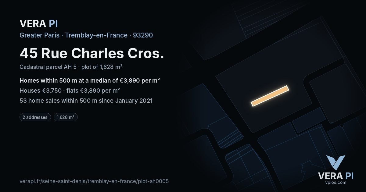 45 Rue Charles Cros, Tremblay-en-France at night – the plot lit, the parcels around coloured by the prices near them