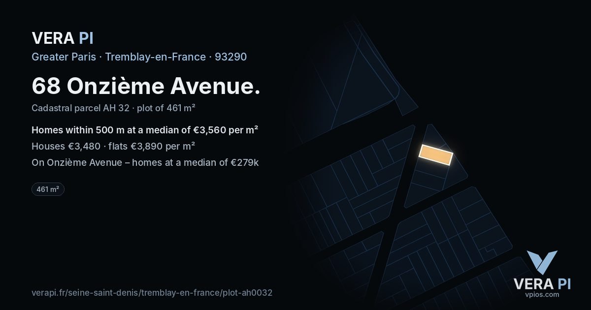 68 Onzième Avenue, Tremblay-en-France at night – the plot lit, the parcels around coloured by the prices near them