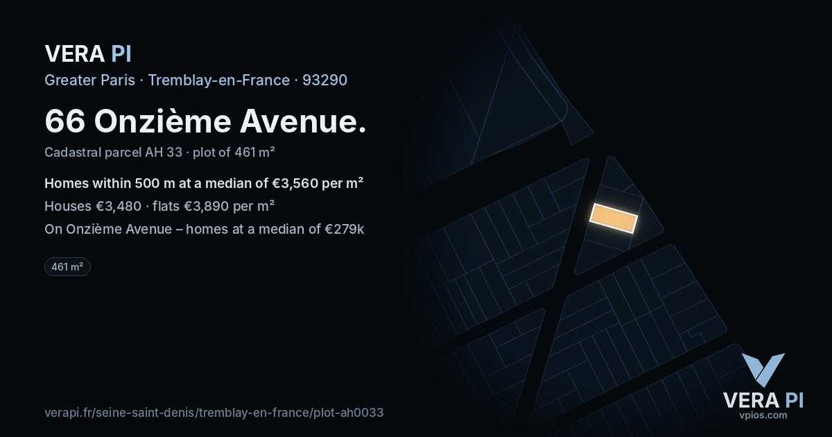 66 Onzième Avenue, Tremblay-en-France at night – the plot lit, the parcels around coloured by the prices near them