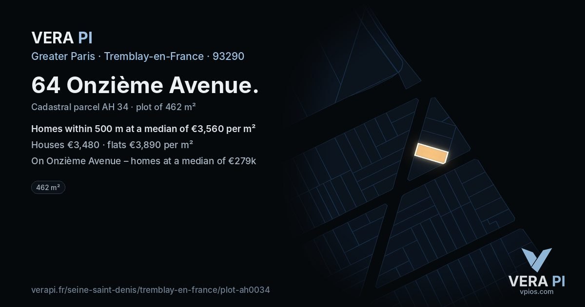 64 Onzième Avenue, Tremblay-en-France at night – the plot lit, the parcels around coloured by the prices near them