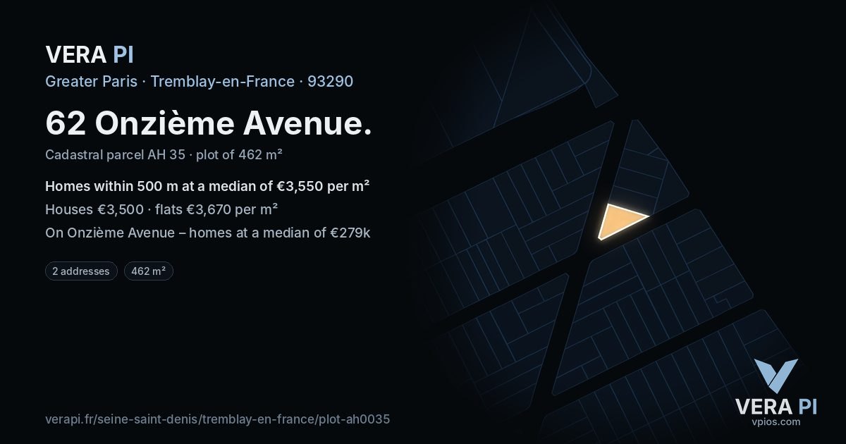 62 Onzième Avenue, Tremblay-en-France at night – the plot lit, the parcels around coloured by the prices near them