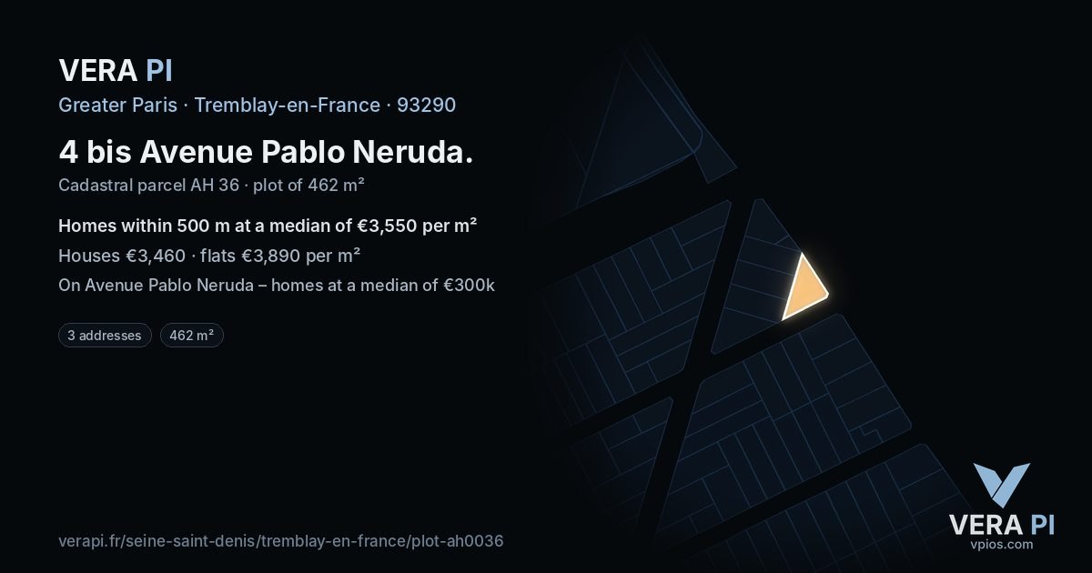 4 bis Avenue Pablo Neruda, Tremblay-en-France at night – the plot lit, the parcels around coloured by the prices near them