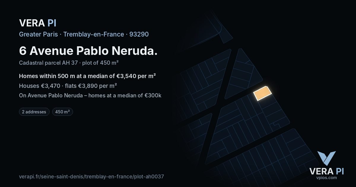 6 Avenue Pablo Neruda, Tremblay-en-France at night – the plot lit, the parcels around coloured by the prices near them