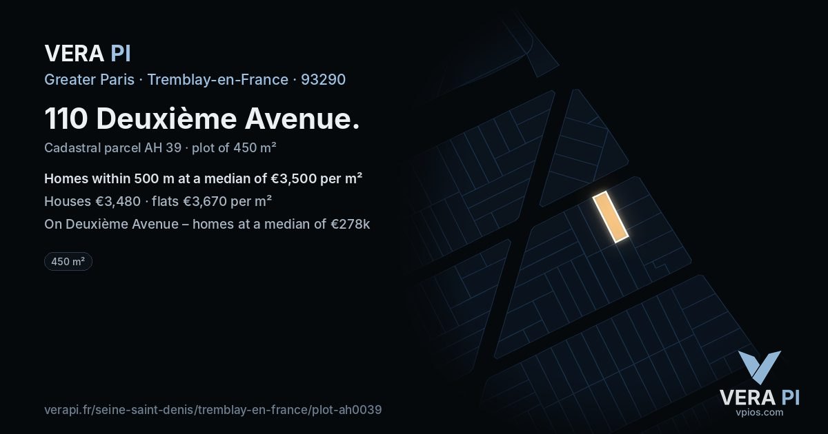 110 Deuxième Avenue, Tremblay-en-France at night – the plot lit, the parcels around coloured by the prices near them